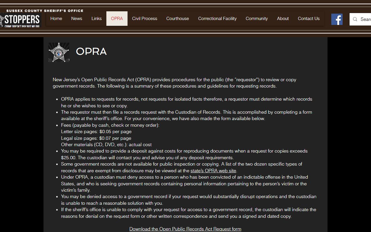 Sussex County Sheriff website used for booking release lookups in Sussex County